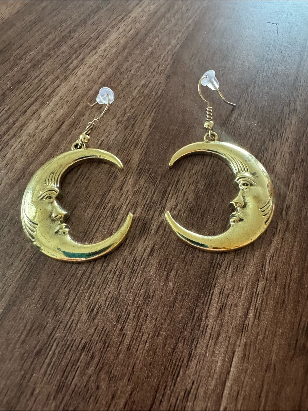 Gold Moon Face Drop Earrings - Celestial Crescent Design